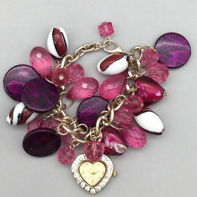 Figaro Couture Watch Women 27mm Heart Pink Beaded Charm Bracelet New Battery 8" Foto 1 de 4