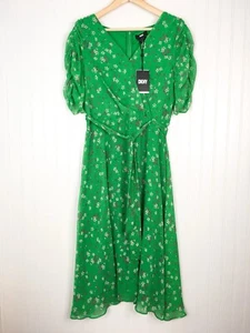 NWT dkny ruffle tiered trapeze dress green FLORAL PUFF SLEEVE Sz 12 - Picture 1 of 5