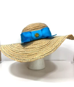 JONATHAN ADLER Wide Brim Straw Hat with Turquoise Grosgrain Trim Bow - Picture 1 of 10
