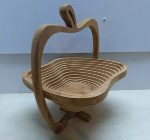Bamboo Wood Carved Apple Shaped Collapsible Expandable Basket Storage Home decor - Picture 1 of 10