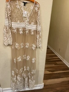 Forever 21 Floral Lace Cover Up Swimwear Beach Kimono Dress Knit White Tan S - Picture 1 of 7
