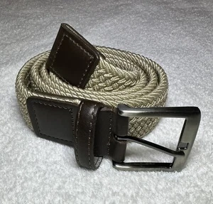 Men’s Woven Braided Belt Beige Brown Leather Belt Silver Buckle Size M (34-35) - Picture 1 of 12