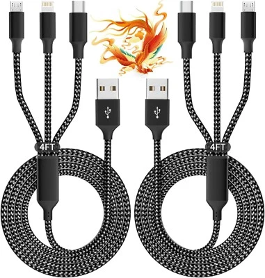 Multi Charging Cable 3-in-1 USB Adapter To Multi-Charging Ports 4FT, Black- 2 Pk - Image 1 of 4