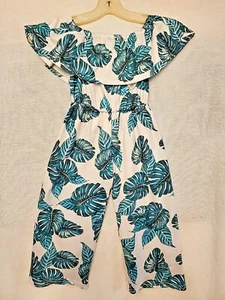 Jumpsuit Green Palm Leaves Tropical Stretch Jumper One Piece Off the Shoulder  - Picture 1 of 12