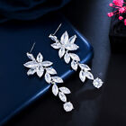 Charming Silver Plated Cubic Zirconia Ladies Long Leaf Dangle Round Drop Earring
