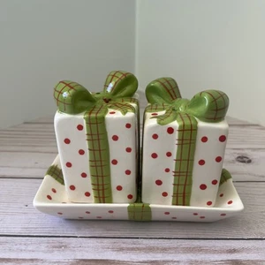 Urlaub Geschenkbox Salz und Pfefferstreuer auf Tablett Kirkland Keramik Schleifen Polkadots - Bild 1 von 7