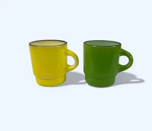 Vintage Anchor Hocking Fire King Coffee Mugs Cups Green Yellow Milk Glass USA - Picture 1 of 5
