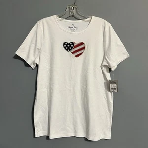 Coral Bay White T Shirt Size Missy M Star Beaded Stripe Hearts - Picture 1 of 6