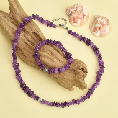 Amethyst Chip Gemstone Purple Bracelet & Necklace Boho Hippy Handmade Ethnic Foto 1 de 3