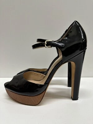 Saks Fifth Ave women size 10 M black leather heel platform buckle shoes - Image 1 of 4