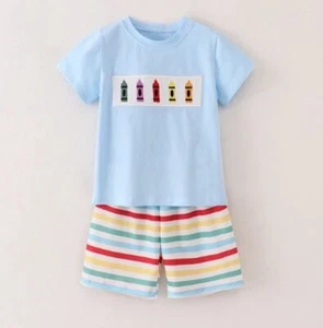 NEW Boutique Back to School Smocked Embroidered Crayon Boys Shorts Outfit Set - Picture 1 of 6