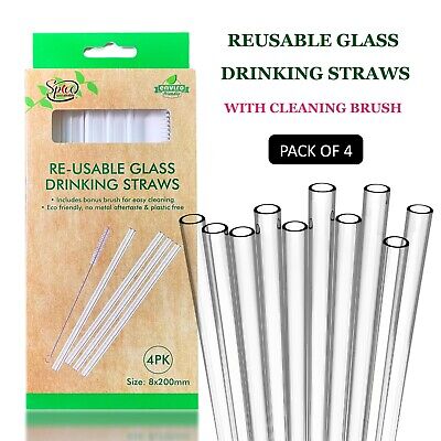 4PK Reusable Clear Glass Drinking Straws Party Straw Cleaning Brush Eco Friendly • 8.95$