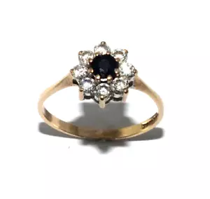 Ladies 9ct yellow gold ring set with a dark sapphire and clear stones, UK size O - Picture 1 of 8