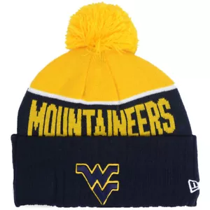 New Era West Virginia Mountaineers Pom Sport Knit Cuff Fleece Beanie Cap Hat - Picture 1 of 3