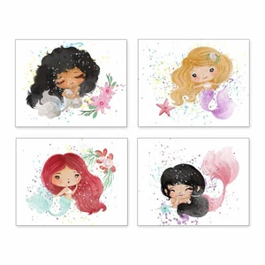 Girl's Bedroom Nursery Art: CUTE MERMAID MAGIC & LOVE - 8” by 10” Print Set. - Picture 1 of 5