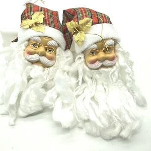 "SANTA CARA / CABEZA con hilo blanco barba adorno árbol de Navidad 9" a cuadros oro - Imagen 1 de 5