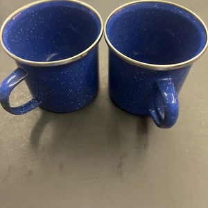 Blue Speckled Enamel Metal Camping Coffee Mugs Set Of 2 - Picture 1 of 5