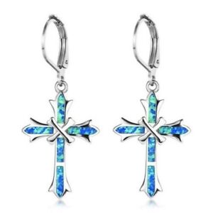 Pretty Fashion Jewelry Blue Simulated Fire Opal Cross Leverback Dangle Earrings