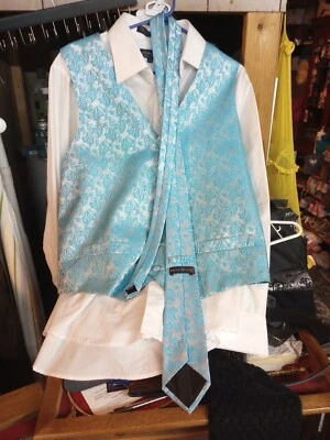 Camisa, corbata, gemelos y chaleco puño francés verde azulado blanco sobre blanco talla 15 34/35 + (B17) Foto 1 de 4