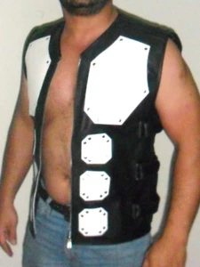 (REDUCED ) (FIT FOR 40 CHEST )BLACK / WHITE Mens Real Leather Biker Cut - Picture 1 of 4
