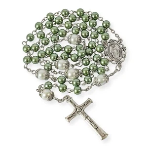 Green Pearl Beads Rosary White Our Father Beaded Necklace Lourdes Medal & Cross - Picture 1 of 7