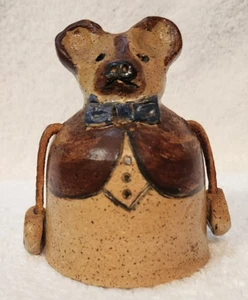 Studio Art Pottery Stoneware Bear Hand Bell Brown Blue Bow Tie Hand Painted - Picture 1 of 9