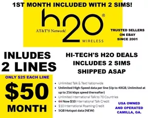 H2O H20 WIRELESS 2 SIMS ✅ 2 LINES ✅ 2 SIMS X 1 MONTH INCLUDED ✅ $25 LINE ! - Picture 1 of 3