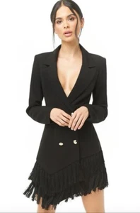 Zweireihiger Blazer Minikleid Reverskragen schwarz Fransen Saum Quaste NEU S - Bild 1 von 8