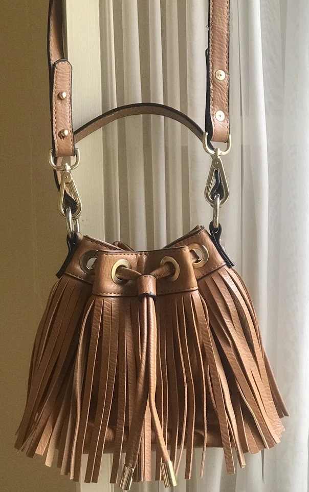 SONDRA ROBERTS SQUARED Purse Fringe Tan Faux Leather Crossbody Shoulder/Handbag - Image 1 of 4