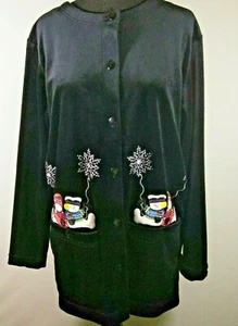 Analogy Black Velour Christmas Sweater Blouse Jacket Embroidered Snowmen Small - Picture 1 of 5