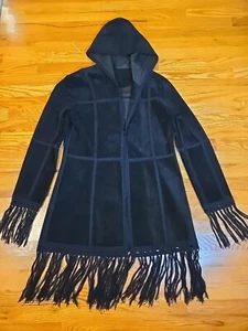 Chaqueta de Gamuza Flecos Crochet Manga Larga Negra con Capucha Talla M BOHO - Imagen 1 de 8