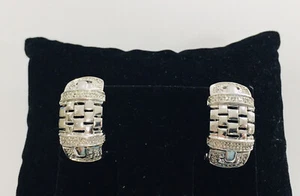 Estate Jewelry Sterling Silver Quilted Panther .25ct Diamond Hoops Omega Earring - Picture 1 of 7