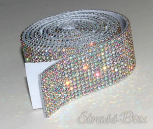 CRYSTAL AB Mesh Strassband SS6 SELBSTKLEBEND 28mm 12 Reihen Chaton Strasssteine - Picture 1 of 14