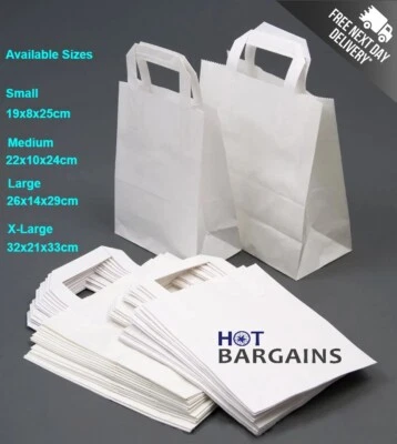 White Paper Bags with Handles Gift Takeaway and Shopping SOS Sizes S M L and XL - Image 1 of 4