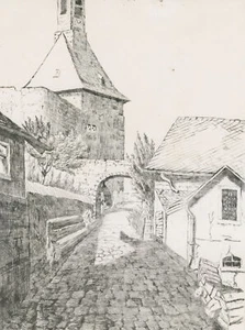 KATZENELNBOGEN - Gasse mit Torturm - Kaltnadelradierung o. J. - Bild 1 von 2