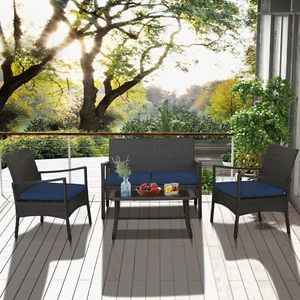 4 PCS Patio Conversation Set Rattan Chair Glass Coffee Table for Porch Backyard - Picture 1 of 8