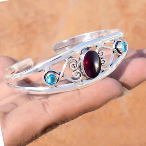 Mozambique Garnet & Blue Topaz Gemstone 925 Sterling Silver Bracelet For Love - Picture 1 of 7