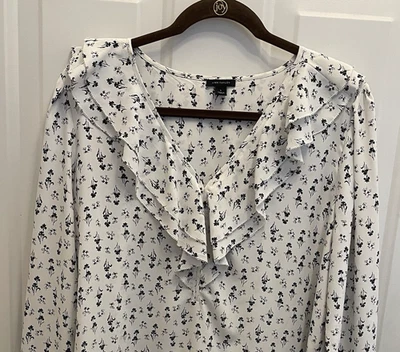 Blusa Ann Taylor Blanca Floral Volantes Manga Larga Mujer Grande Romántica Carrera Foto 1 de 4