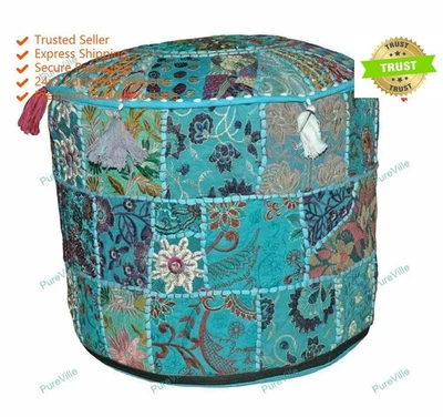New Boho Floral Pouf Ottoman Vintage Indian FootStool Ethnic Living Room Decor - Image 1 of 4