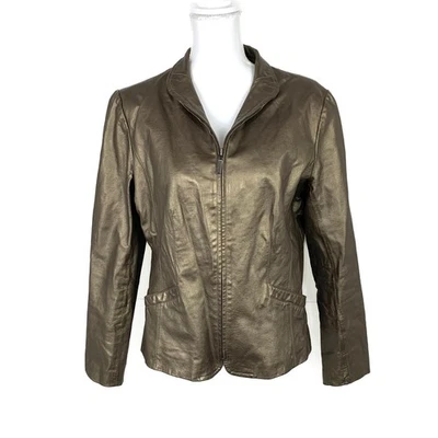 Chaqueta Bernardo Mujer L Cuero Genuino Cremallera Completa Metálico Bronce Moto Bolsillos Foto 1 de 4