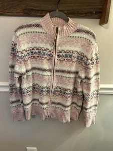 Tiara International Pink Nordic Full Zip Fair Aisle Pink Sweater Medium - Picture 1 of 6