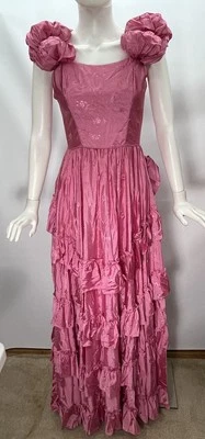 Vintage 80s Pink Ruffled Prom Floral Dress Puffy Sleeves Union Made in USA XS - Image 1 of 4