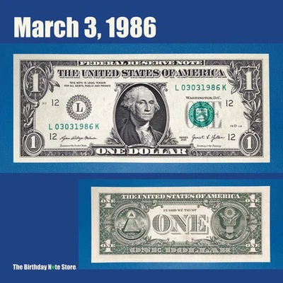 March 3, 1986 Birthday Anniversary $1 One Dollar Bill Serial Number 03031986 - Image 1 of 2