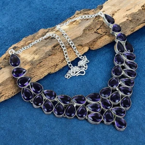 Amethyst Statement Halskette 925 Sterling Silber Boho Lila Edelstein Schmuck Gif - Bild 1 von 10