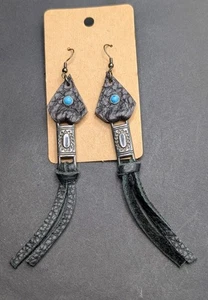 Vintage Native American Turquoise Leather Tassel Dangly Earrings - Picture 1 of 8