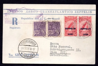 BRAZIL TO AUSTRIA PC 1932 TRANSATLANTIC ZEPPELIN FLIGHT PERNAMBUCO TO VIENNA - Image 1 of 2