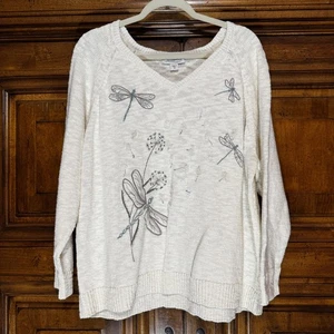 Coldwater Creek Sweater Womens PLUS 1X V-Neck Dragonfly Embroidered Cotton Blend - Picture 1 of 10