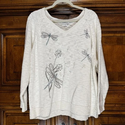 Suéter Coldwater Creek para mujer 1X cuello en V libélula bordado mezcla de algodón Foto 1 de 4