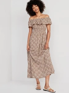 Old Navy Women’s Off The Shoulder Maxi Dress Size XXL Tall Brown Tropical Print - Picture 1 of 11