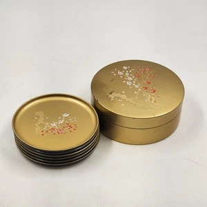 Otagiri Japón 6 posavasos redondos en flor de cerezo dorado negro lacado 4” de colección - Imagen 1 de 15